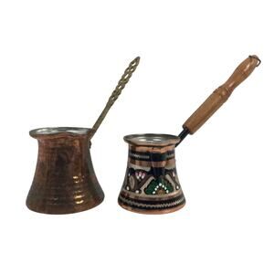 Turkish Coffee Pourer Pot Cezves Copper Color Ornate Art Long Handles Bundle